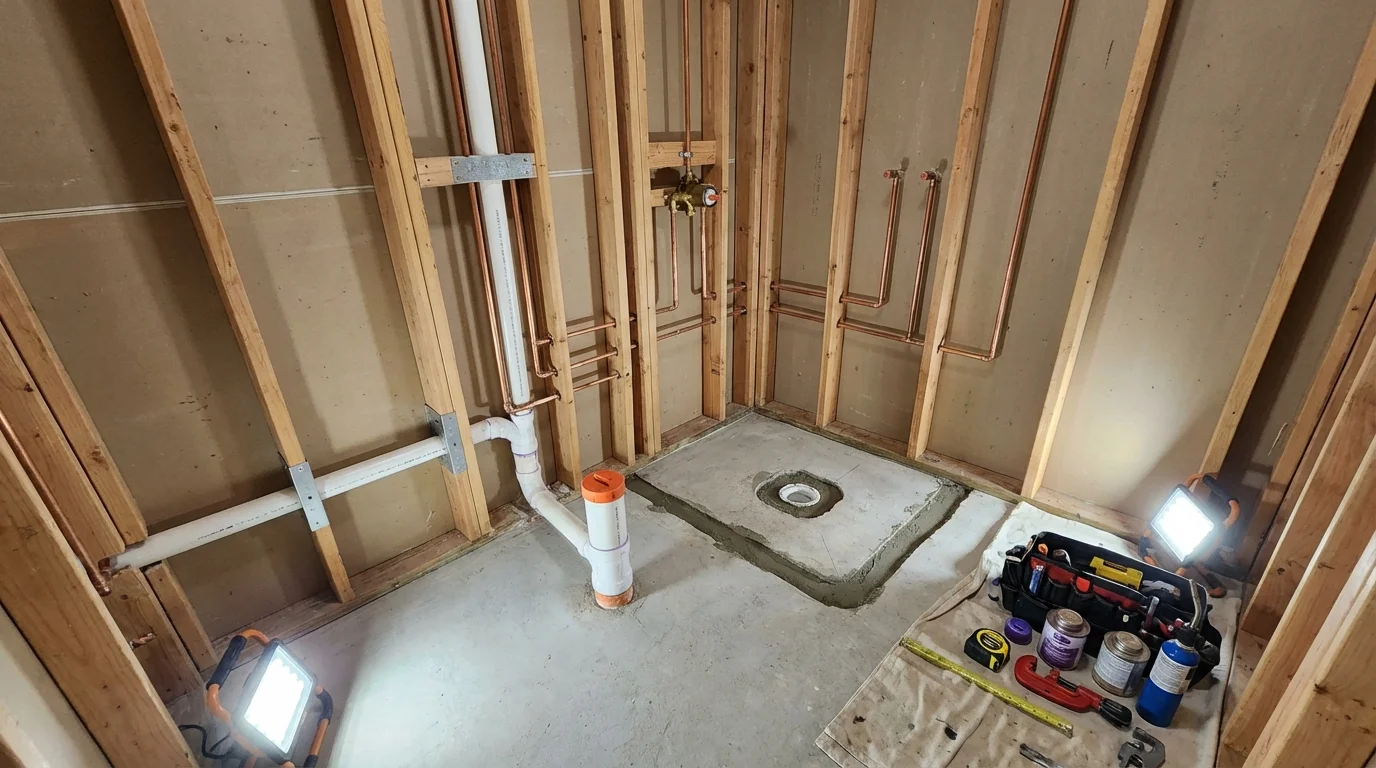 Bathroom rough-in plumbing during remodel by Johns Plumbing LLC in Berthoud